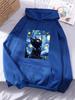Van Gogh'S Starry Cat Printing Hoodies Women Basics Sporty Hoody Fleece Warm Soft Sweatshirt Casual Pocket Womans Sportswear