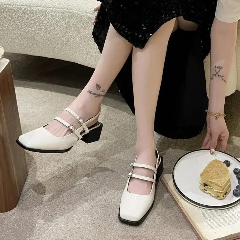 Fashion 2024 New Baotou Sandals Women Retro Square Headed Thick Heels High Heels Back Hollow Line with Bright Leather Shoes