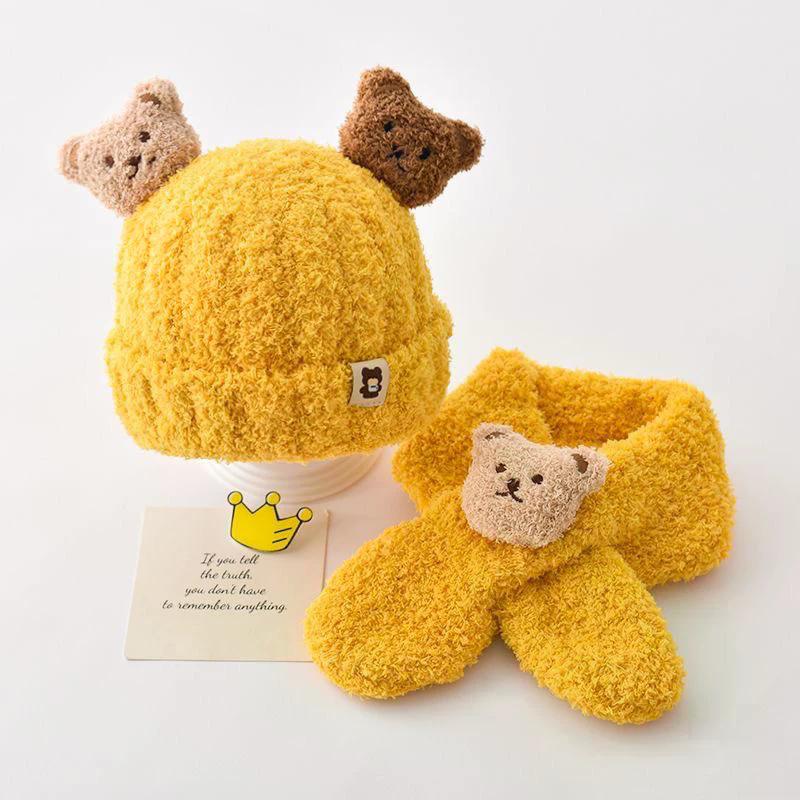 Baby Hat Scarf For Girls Boys Winter Warm Set Cartoon Bear Cold-Proof Clothing For Kids Children Stuff Brimless Cap Scarf