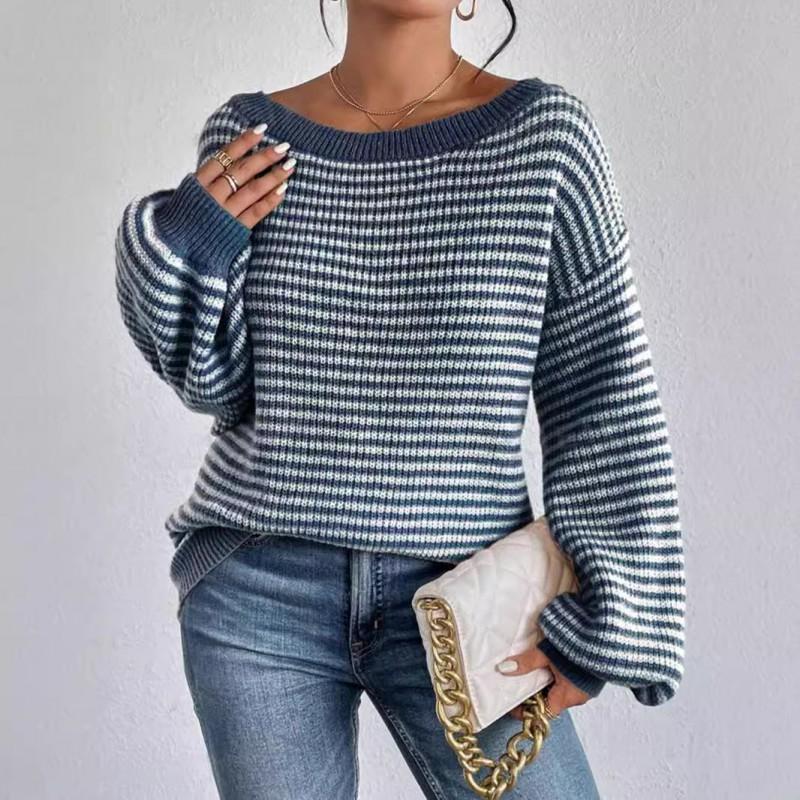 Womens Striped Color Block Lantern Sleeve Sweater Loose Fit Lazy Style Pullover