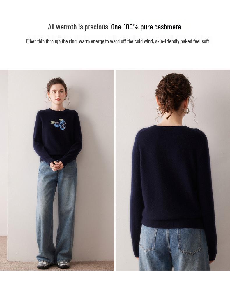 2025 Autumn/Winter Women's Round Neck Blueberry Jacquard 100% Pure Cashmere Sweater
