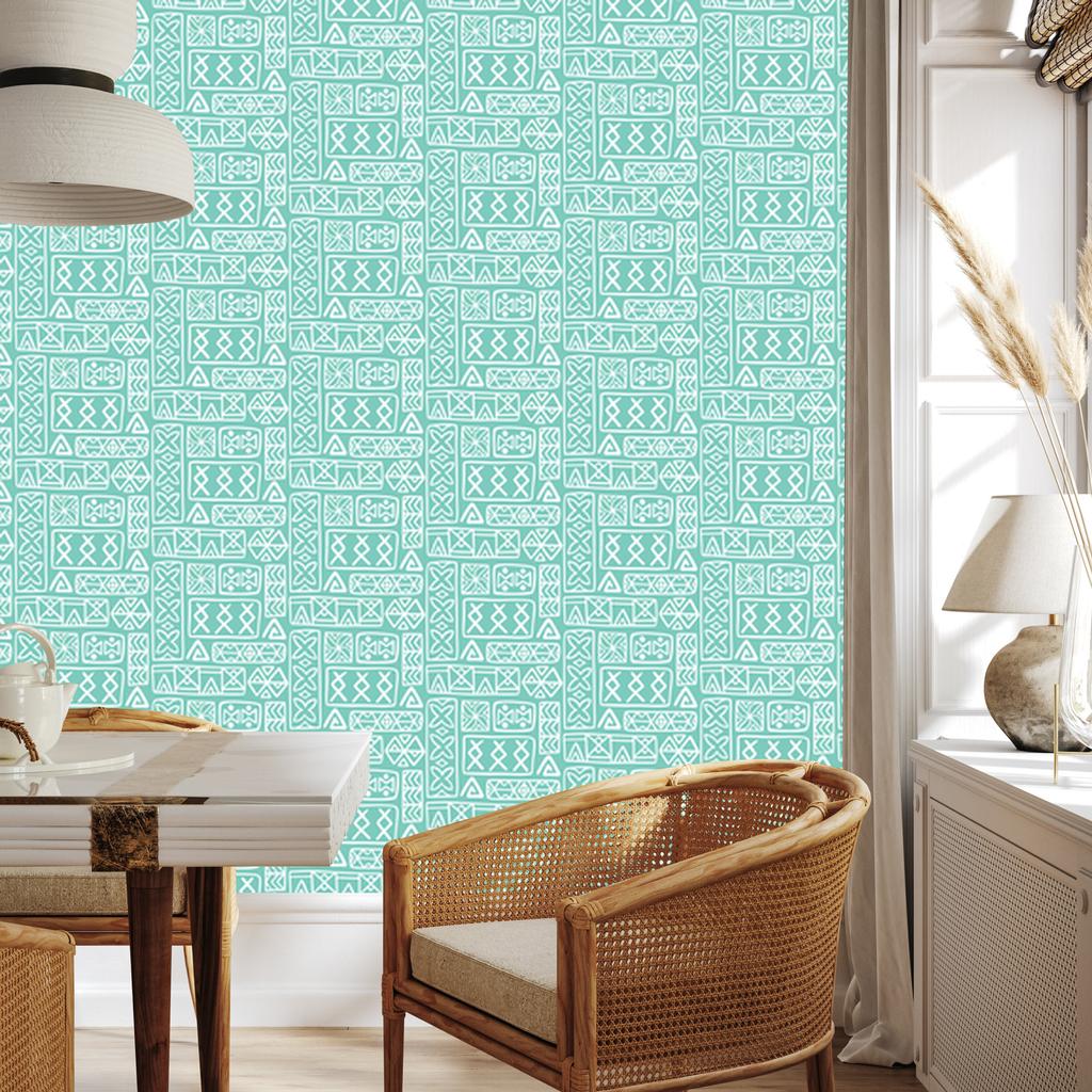 Polynesian Geometric Pattern Wallpaper Mint and Sea 50x1000