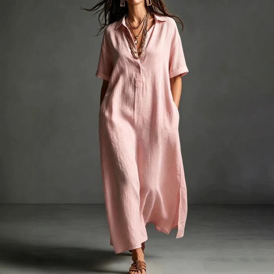 Summer Cotton Linen Dress for Women, Casual Loose Short Sleeve Long Dress, Button Up Lapel V Neck Flowy Maxi Dress