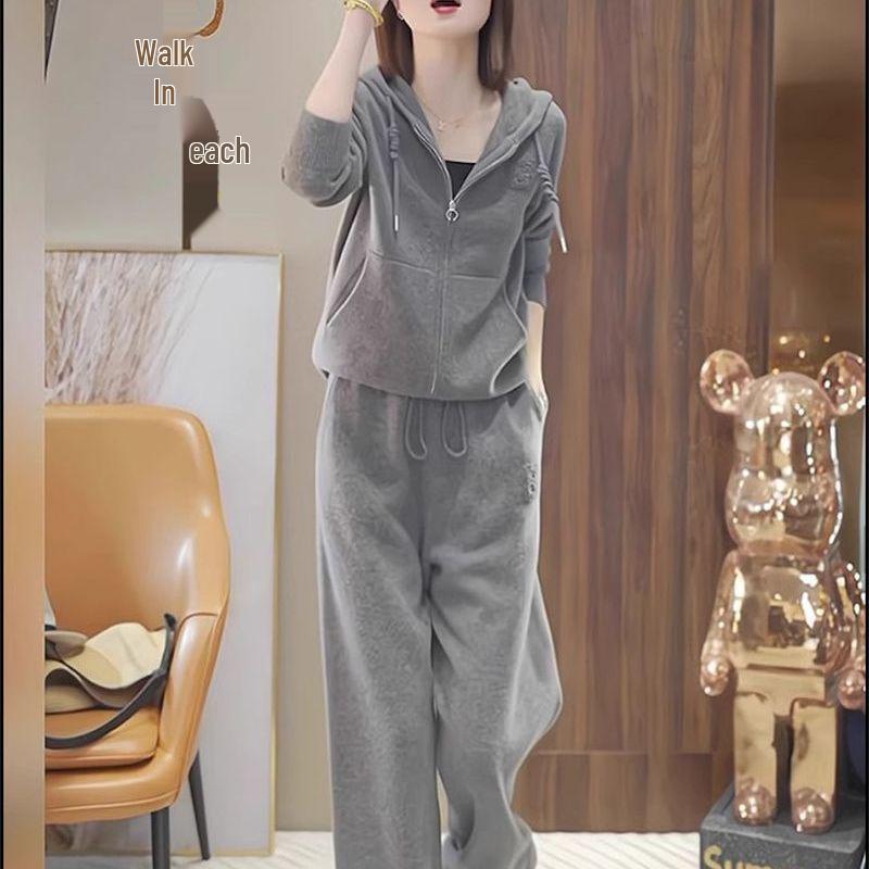 

Женский ретро повседневный спортивный модный комплект-двойка с длинным рукавом Осень/Зима 2025 M [Recommended 40-50kg]