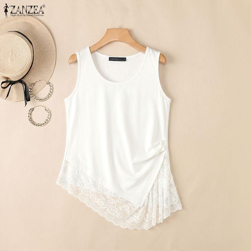 ZANZEA Women Casual Round Neck Lace Splice Summer Sleeveless Vest Tops