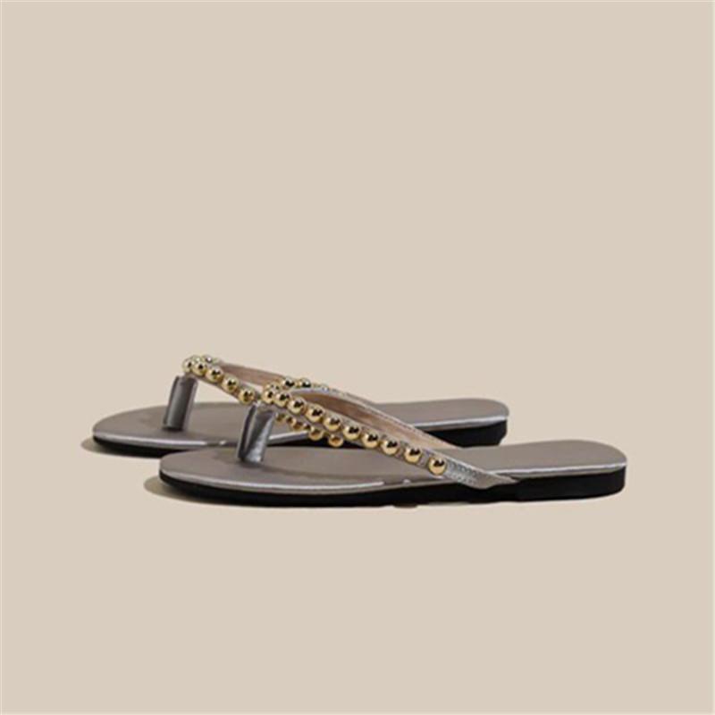 Spring and Summer Footwear Plus Size Retro Solid Color Sandals Flat Toe Rhinestone Women's Shoes Sandals Slippers.