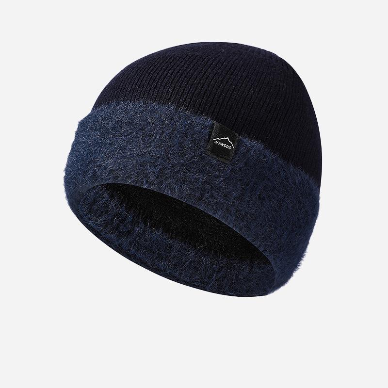 Knitted Hat Men's High Elastic Large Head Wool Hat with Thick Velvet Ear Protection Solid Color Cap