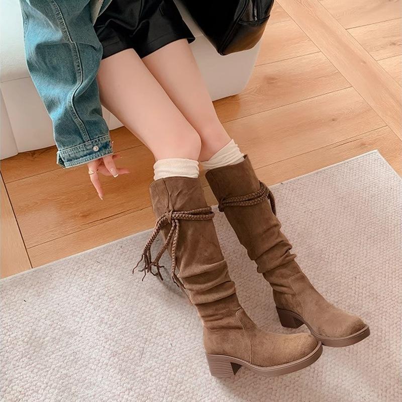 Retro Wasteland Fringed Knight Boots Women's Autumn New Thick Heel But Knee Long Boots Skinny Pile Boots