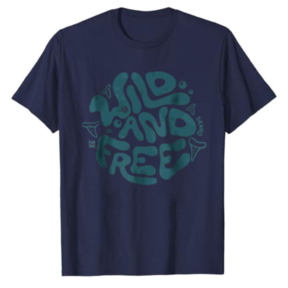 Wild and Free Round Bubble Font Graffiti Print Tshirt Unisex Black Basic Cotton Tees Fit Bohemian Casual Outdoor Fashion Tops