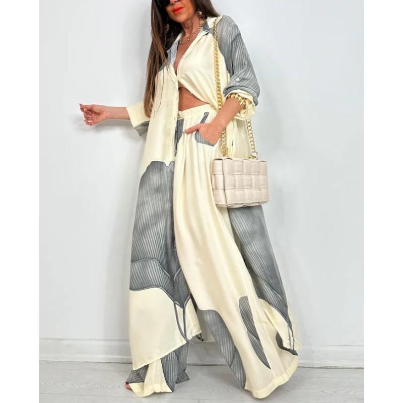 Set Elegante Primavera Estate Moda Stampata Camicia Lunga Pantaloni a Gamba Larga Completo Casual Lento Oversize Set Donna