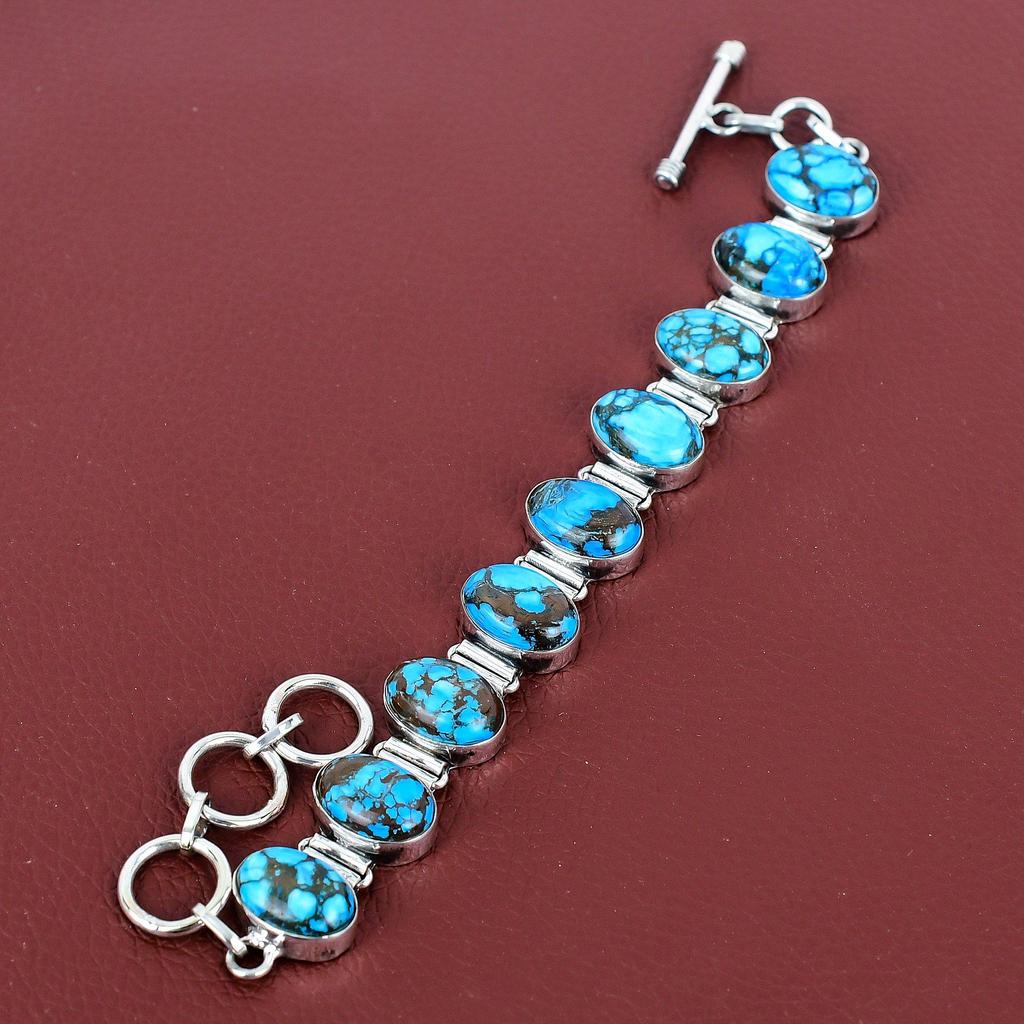 Pulseira de turquesa tibetana pulseira artesanal joias de pedra preciosa genuína pulseira de prata de lei 925 pulseira com corrente ajustável presentes de aniversário