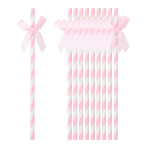 uxcell 60pcs Ribbon Bow Striped Paper Straws, Disposable Straws for Weddings, Birthday Parties, Cake Decorations, Pink