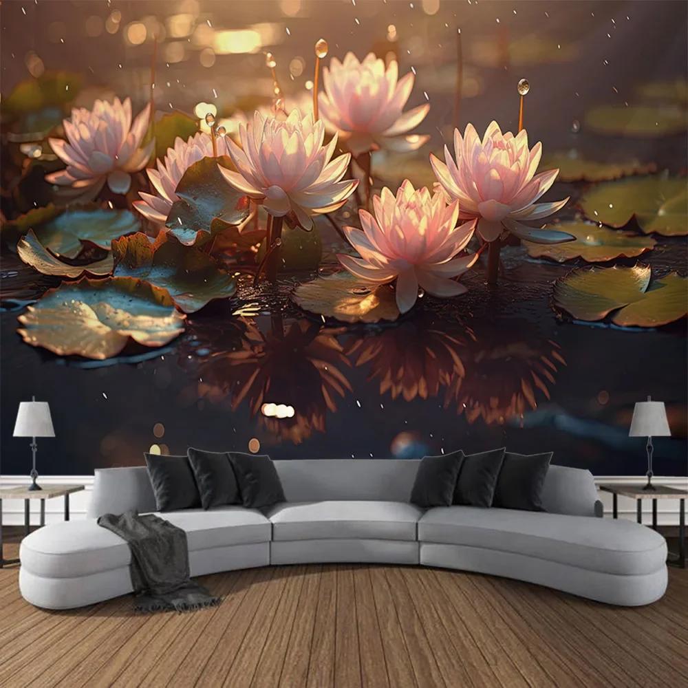 Beautiful Lotus tapestry landscape wall hanging cloth dreamy hippie home wall decoration poster office and living room tapestry