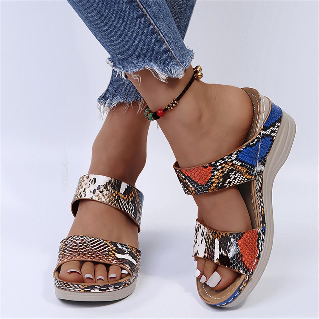 Women Lace-up Closed Toe Comfortable Slip On Leopard Snake Print Wedge Slippers