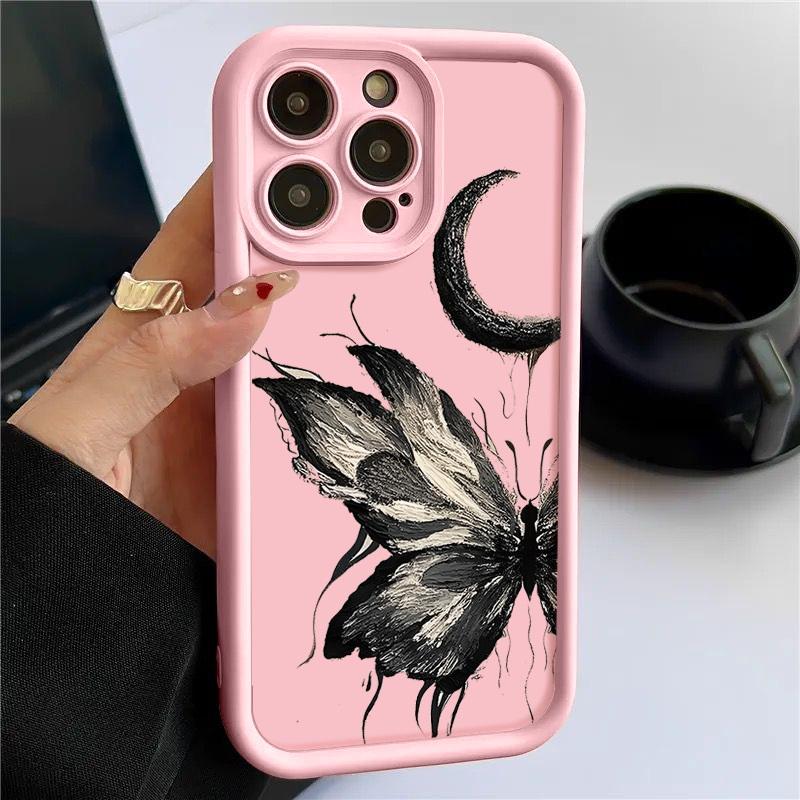 Fashion Moon Butterfly Pattern Case For iPhone 16 Pro Max 15 Plus 14 13 12 Pro 11 TPU Soft Matte Silicone Shockproof Lens Protection Phone Cover