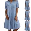 Women's Collared Short Sleeve Denim Shirt Dress Loose Fit Solid Color Casual Button Down Midi Dress