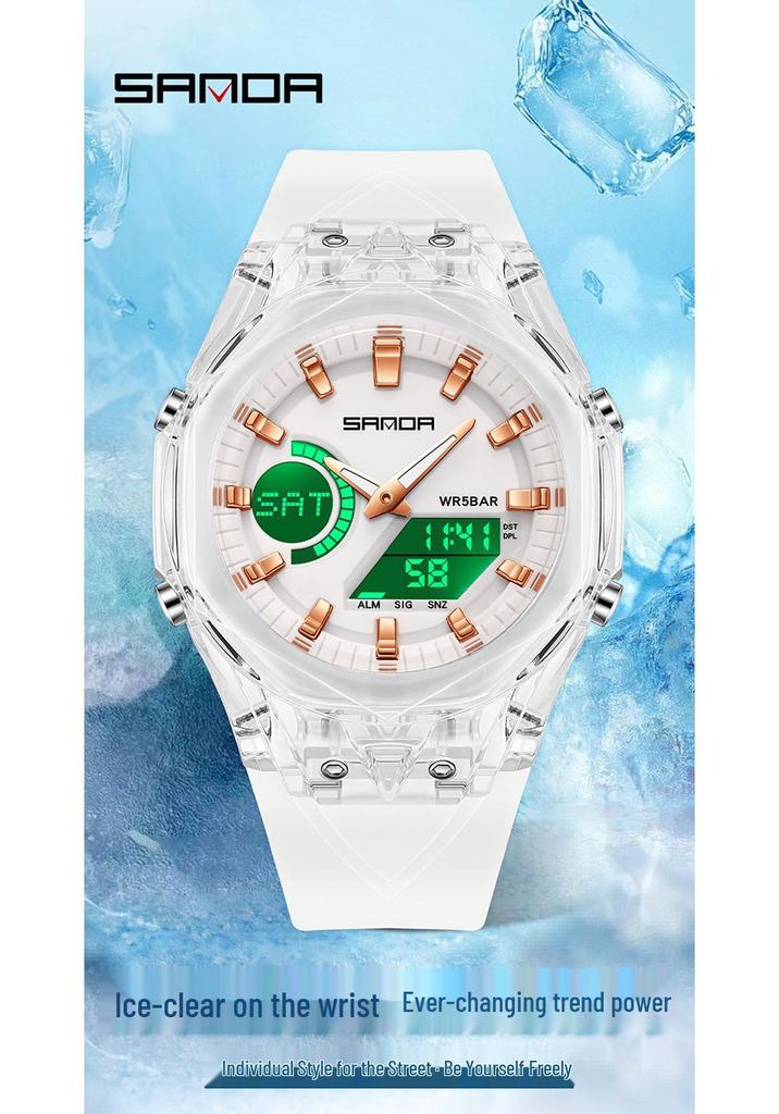 Sanda Dual Display Multifunction Fashion Wristwatch with Colorful Transparent Case for Youthful Korean Style