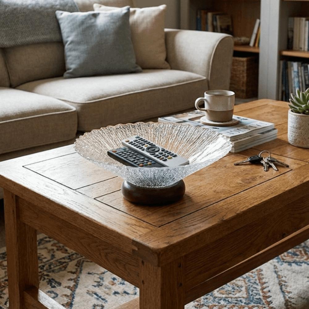 French Style Transparent Glass Fruit Plate Wooden Base Large Fruit Serving Tray Minimalist Dry Fruit Placed Tray Salad Serving