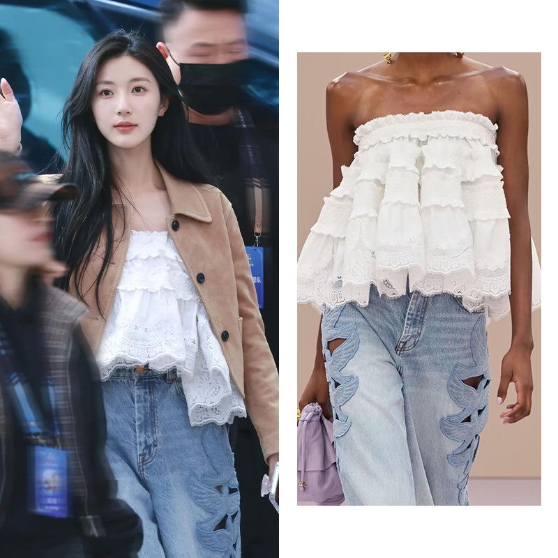 

Celebrity Style Strapless White Lace Patchwork Top for Women - Trendy, Youthful & Chic L (57.5-62.5 kg)