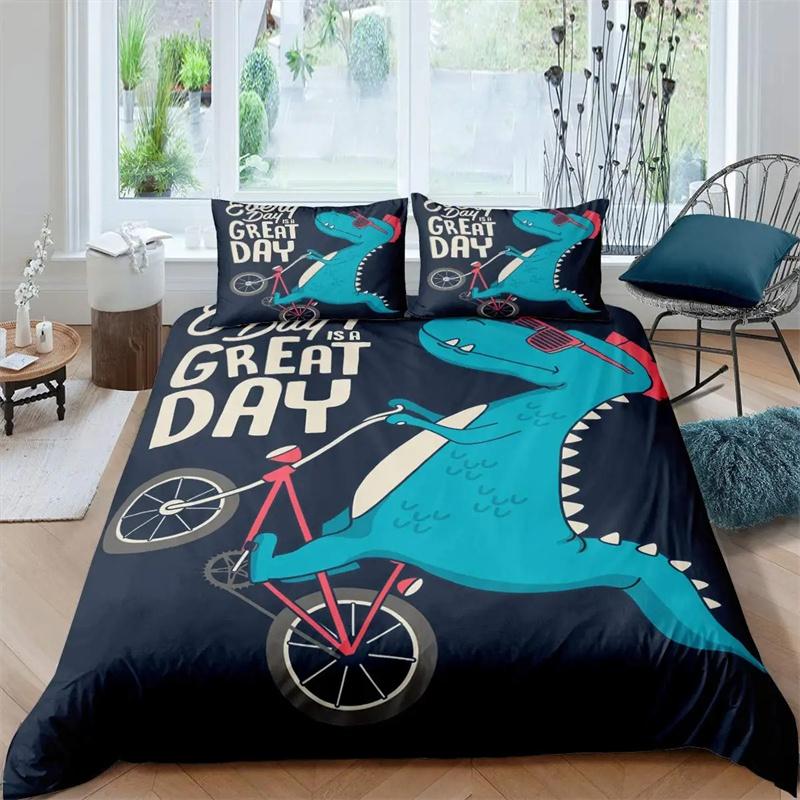 Cartoon Dinosaur Duvet Cover Dinosaur Theme Bedding Green Dinosaur Hello Bro Pattern Bedroom Decoration for Children Women Men