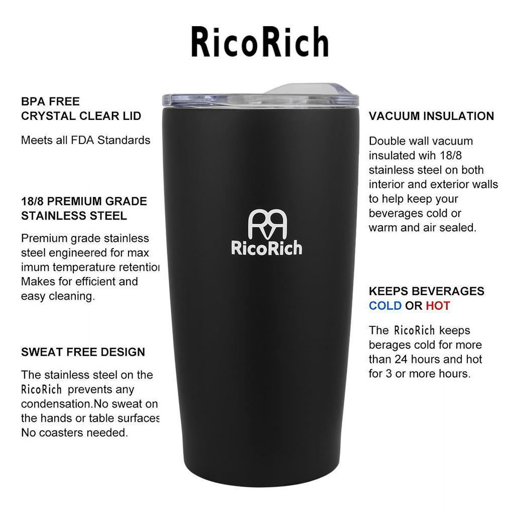 RicoRich Stainless Steel Tumbler with Vacuum Double Black Lid, Insulated, Wall, 540ml, (RRWB08-BK)