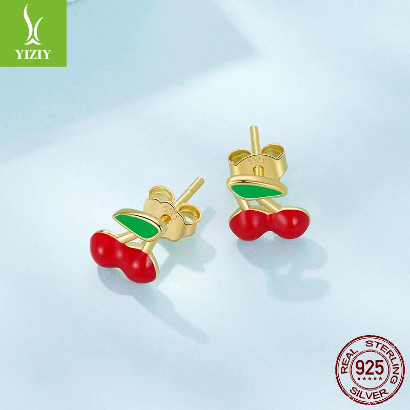 Red Cherry Stud Earrings Female Sweet Girl Heart S925 Sterling Silver Stud Earrings