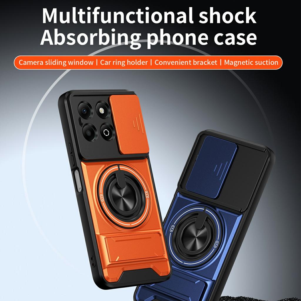 For Honor X6b 4G Magnetic Case Ring Holder Foldable Kickstand TPU PC Phone Cover with Camera Lens Slider