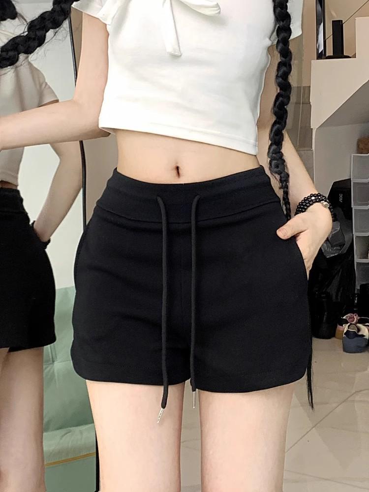 2025 Women's Summer High Waist Slimming Loose Straight-Leg Drawstring Shorts - Black Casual Versatile Sportswear