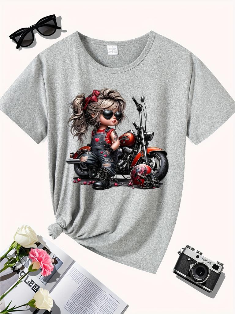 Print with Heart Details Stretch Round Neck Casual & Festive Wear Women's Black Motorcycle Graphic T-Shirt - Edgy Cartoon