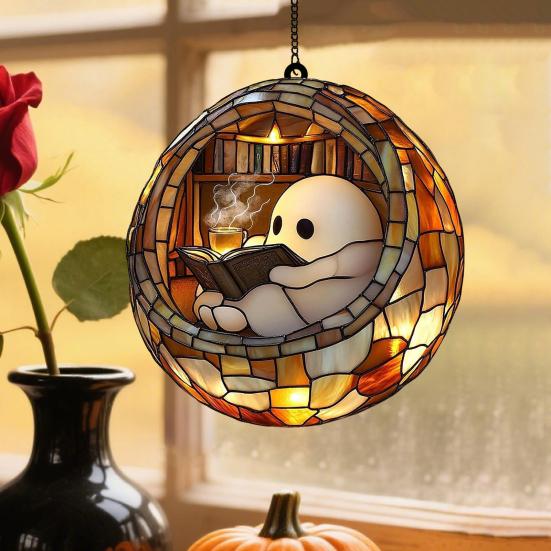 Halloween Acrylic Suncatcher Adorable Ghost Reading Book Pendant Black Cat Teacup Spooky Window Hanging Decoration for Home Parties Festivals