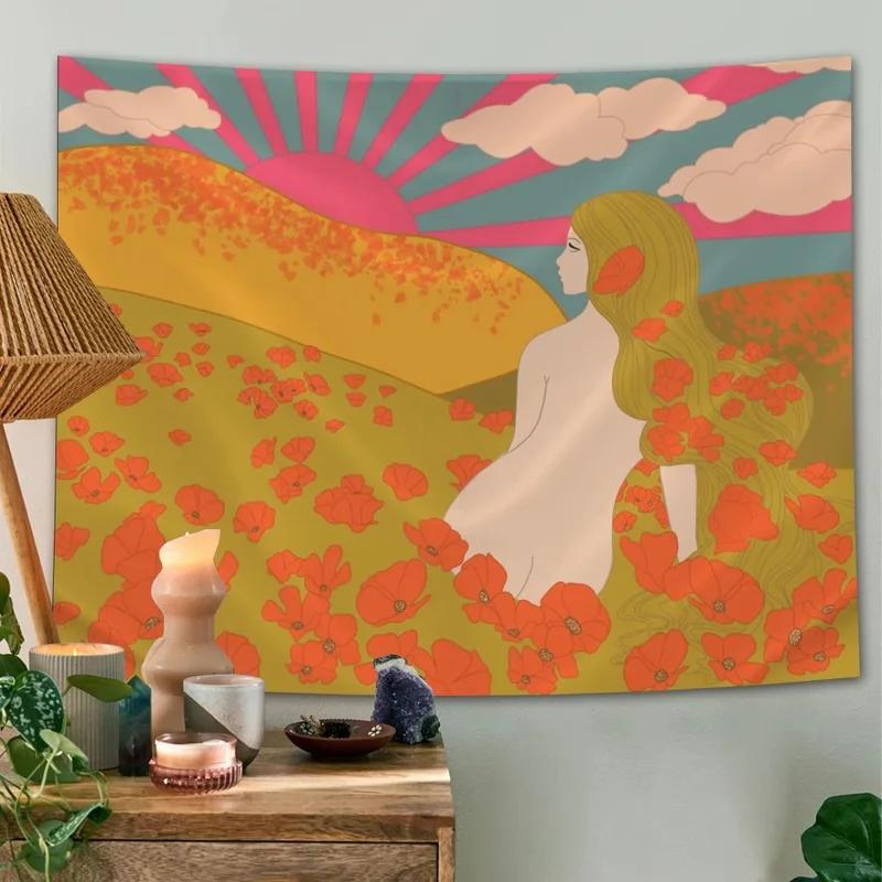 Home Wall Decoration Tapestry Retro Flower Cloud Sun Hanging Cloth Office Living Room Tapestry