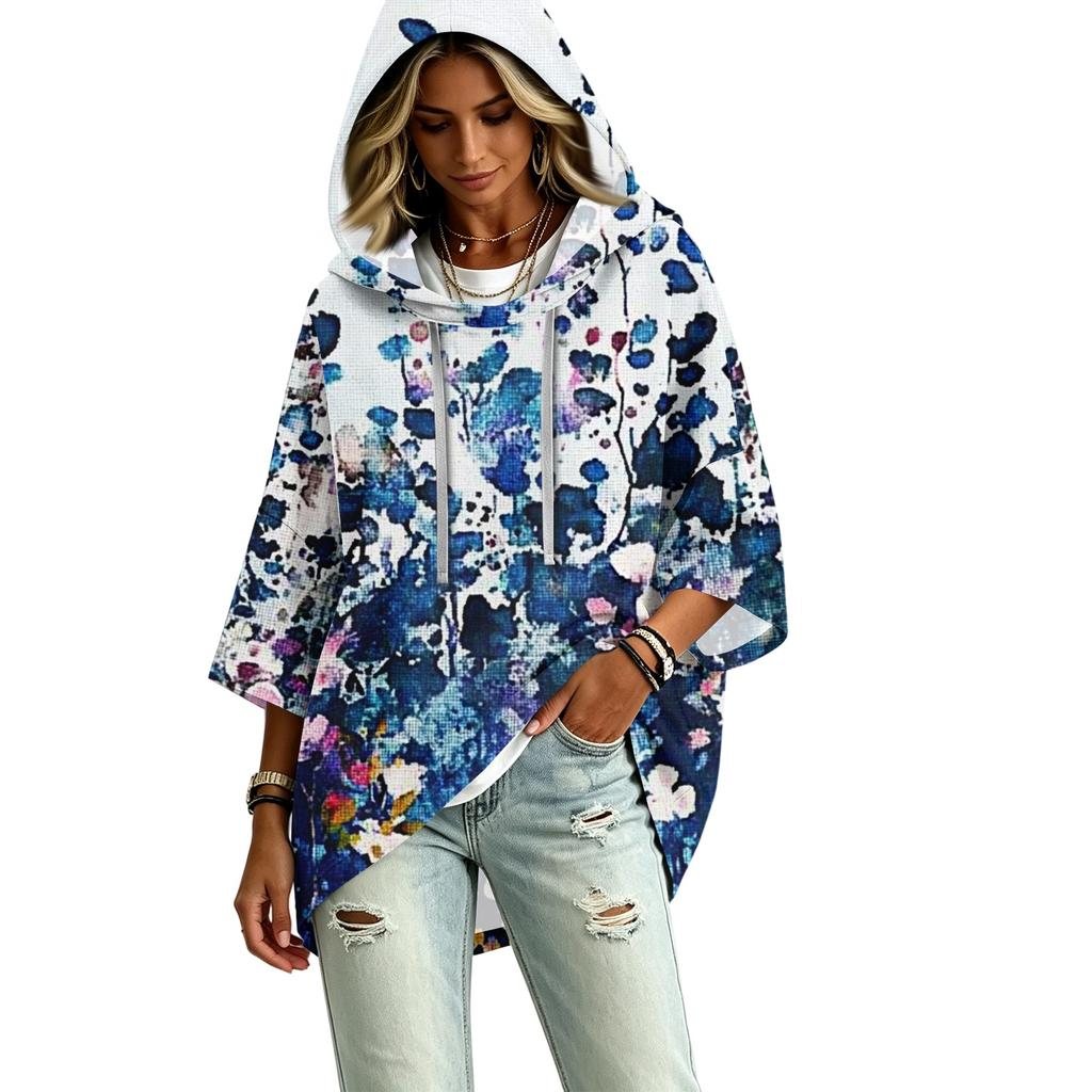 Women's Vintage Floral Print Hooded Pullover Top with Three-Quarter Sleeves for Casual Daily Wear