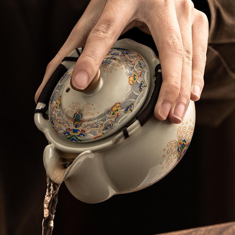 Meerwasser Jiangya Ru Ofen Keramik Brau-Teekanne Haushalt High-End Handgriff Kanne Einzelkanne Offene Glasur Kann Gezüchtet Werden Leichter Luxus Kung Fu Teeservice