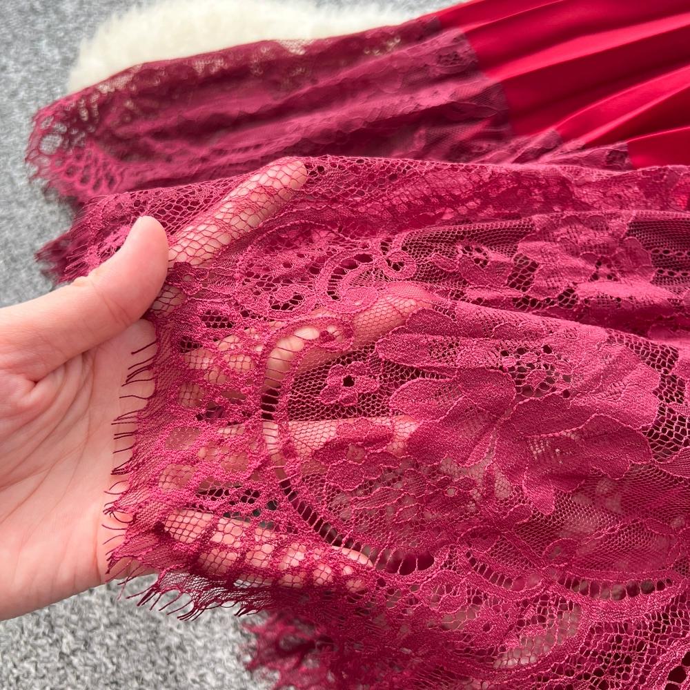 High-End Kleid für Damen im Herbst Französische Mode Spitze Langärmliges Patchwork Taillenbetonendes Plissiertes Langes Kleid