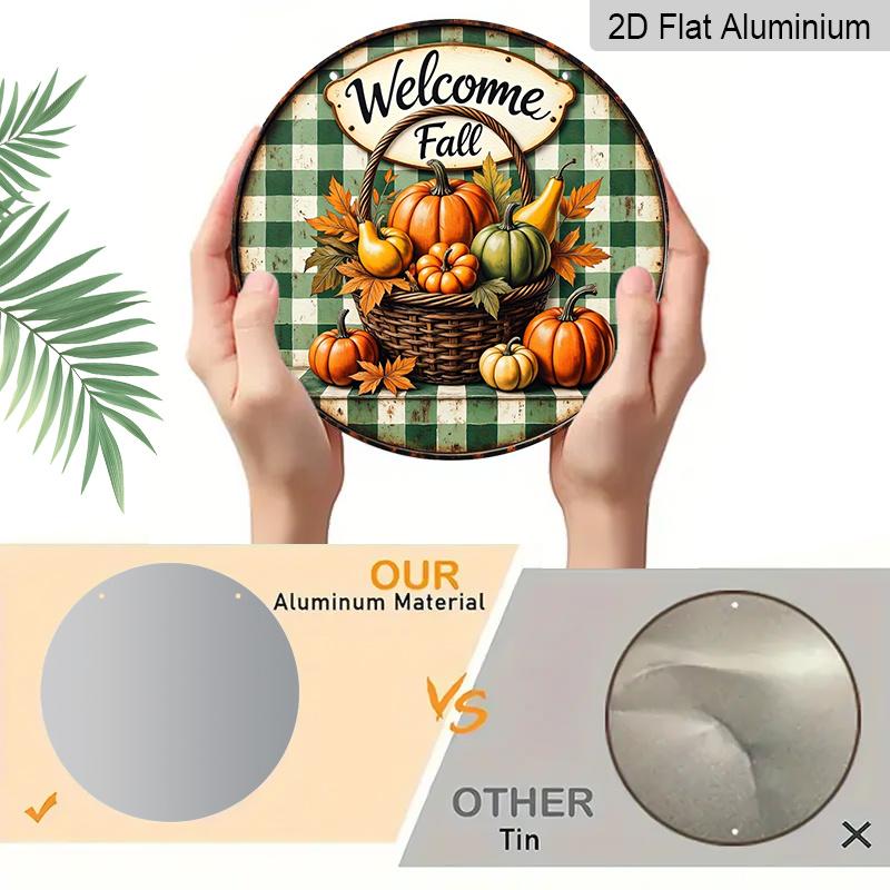 2D Flat, 1pc Aluminum Circular Sign Welcoming The Autumn Harvest, Featuring Rustic Pumpkin And Checkered Decorations with Cursive Lettering, Suitable