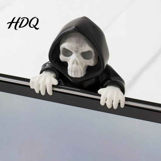 Unique Desktop Figurine Computer Monitor Skull Figurine 3D Printed Luminous Display Decor with Hooded Grim Reaper Design Halloween Horror