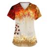 Women's V-Neck Short Sleeve Scrub Top with Pockets, Fall Leaves Print, Work Uniform