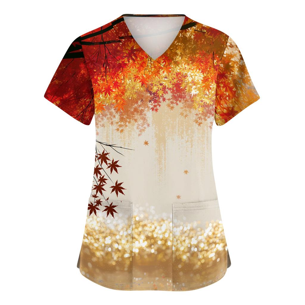 Women's V-Neck Short Sleeve Scrub Top with Pockets, Fall Leaves Print, Work Uniform