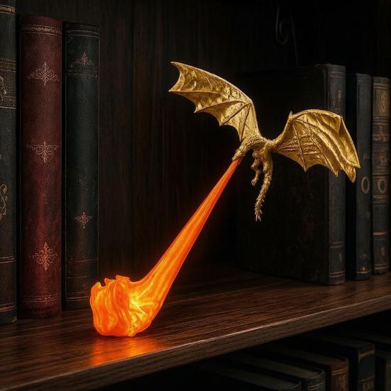 Fantasy Ornament for Bookshelves Dragon Bookshelf Nook Light, 3D Printed Fire-Breathing Shelf Decor with Flame Decorative Bookends Study Base,