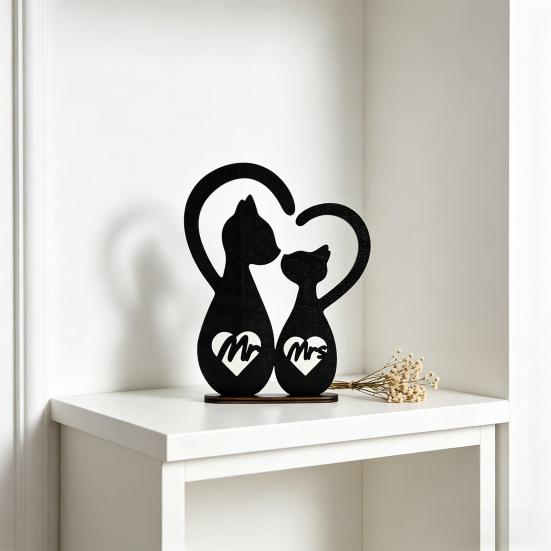 Rustic Mr. & Mrs. Sign Wooden Couple Cat Wedding Sign Romantic Black Cats Snuggling Silhouette Heart Decoration for Wedding Valentine's Day