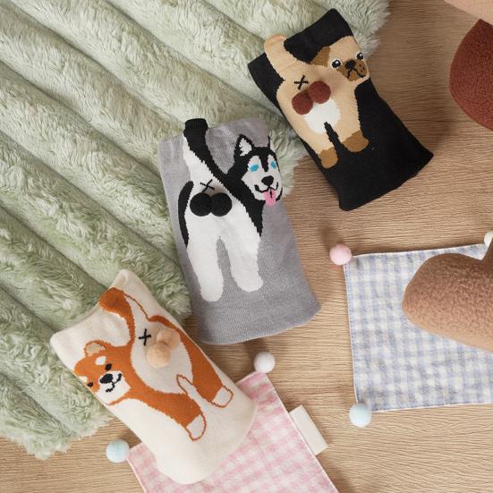 Women's Cute Dog Socks with 3D Fuzzy Balls Funny Novelty Animal Print Crew Cotton Socks for Women Girls Dog Lovers