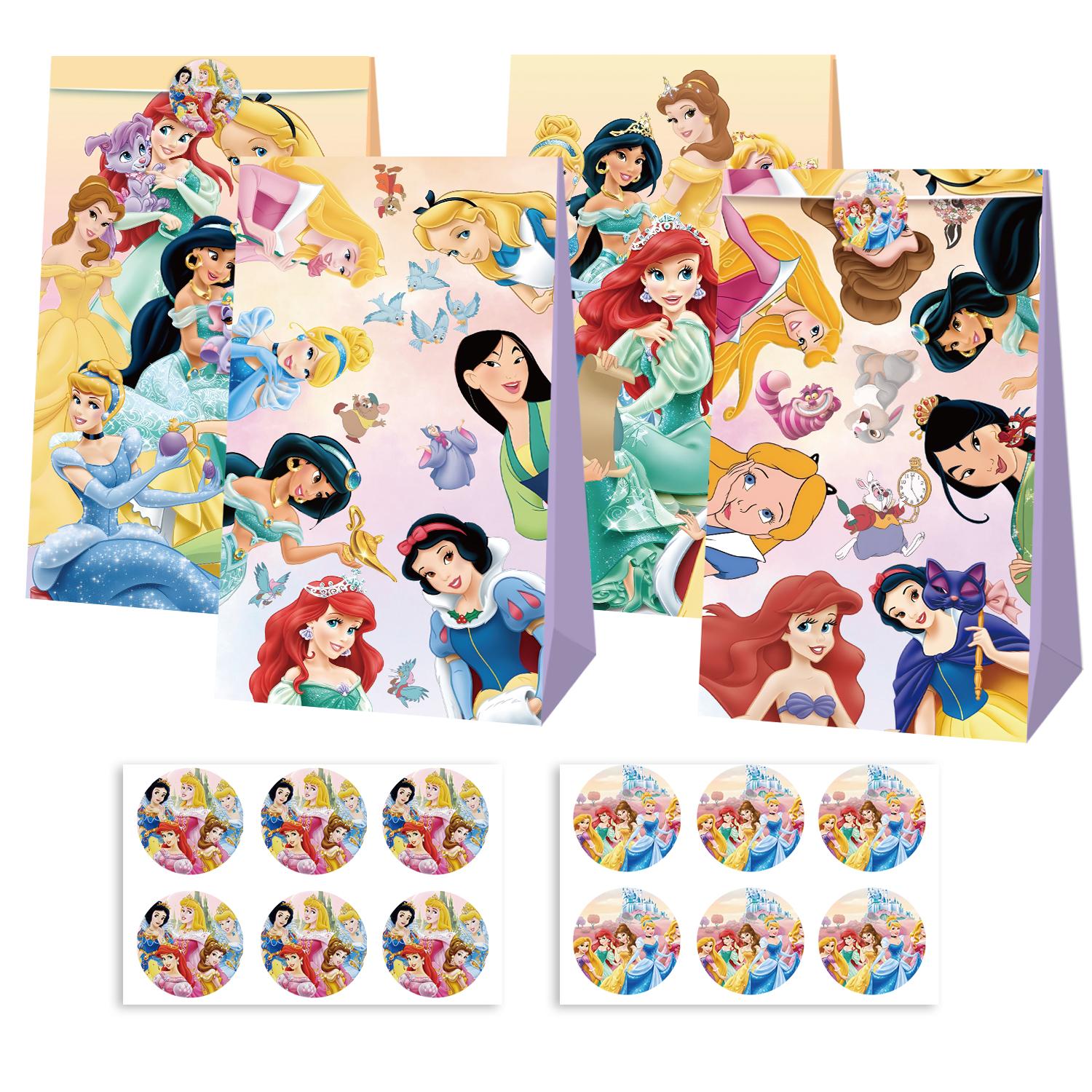 

Latest 12Pcs Set Anime Princess Snow White Rapunzel Jasmine Figures Candy Paper Present Bag Animation Handbag Girls Birthday Gift 12 bags 12 Tags