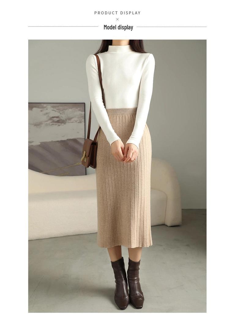 Women's Slim Fit Vertical Stripe Wool Midi Skirt - Versatile Cashmere Knit