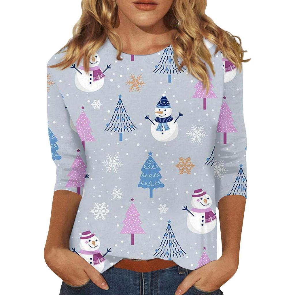 Spring and Autumn Round Neck Christmas Themed Pattern 3D Printed Top Fashionable Casual Long Sleeved Women's T-shirts