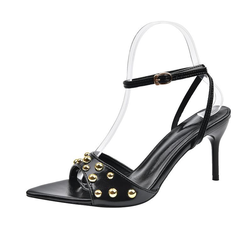 

Fashion Gladiator Summer Peep Toe Sandals for Women 2025 Fashion Rivet Decoration Shoes Ladies Elegant High Heel Dress Sandalias 34 чёрный