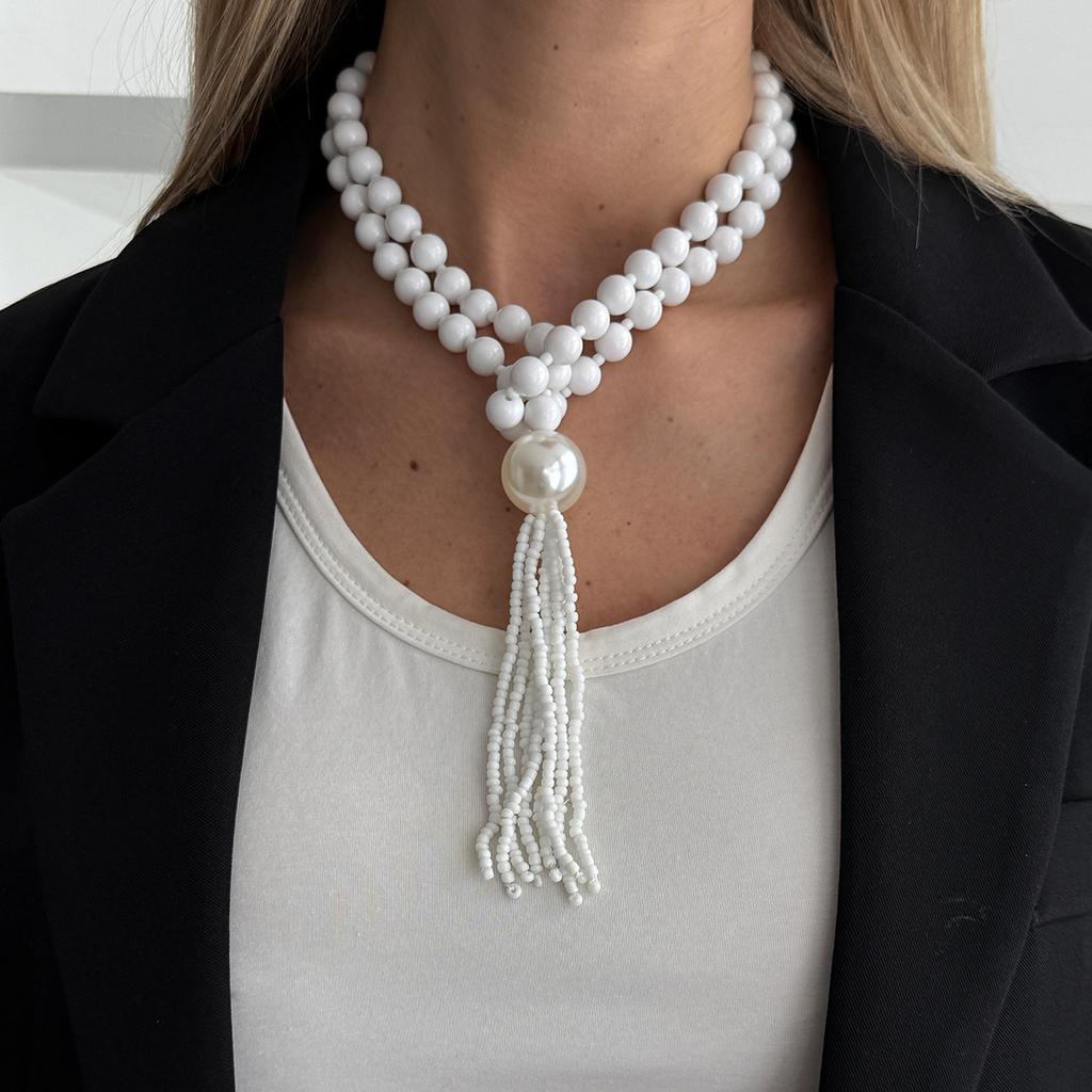 Fashion Acrylic Beads Stacked Necklace, Temperament Large Pearl Rice Beads Fringed Collarbone Necklace