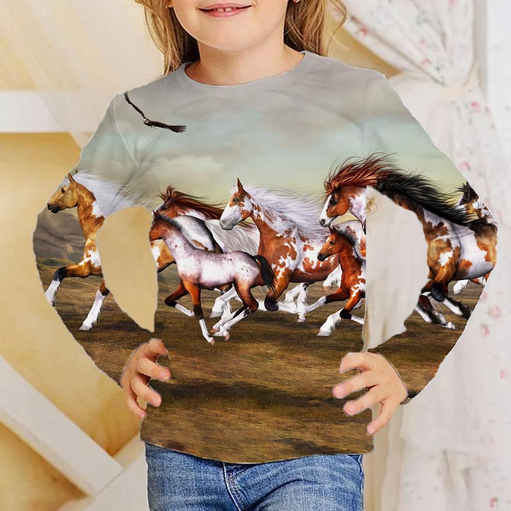 No. 11 Fashion Meisjeskleding Meisjes T-shirt Lange Mouw 3D Paard Kinderen Herfstkleding Stijlvolle Casual Kinder Tops Ronde Hals Kind Jongenskleding 110