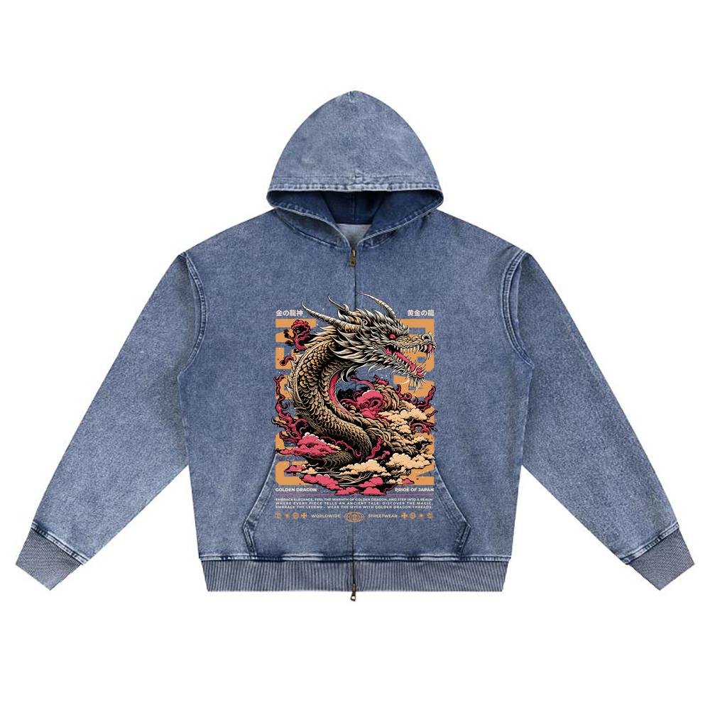 DTG print Knitted Denim Zip-Up Hoodie Golden Dragon Brother Print Zipper Hoodies