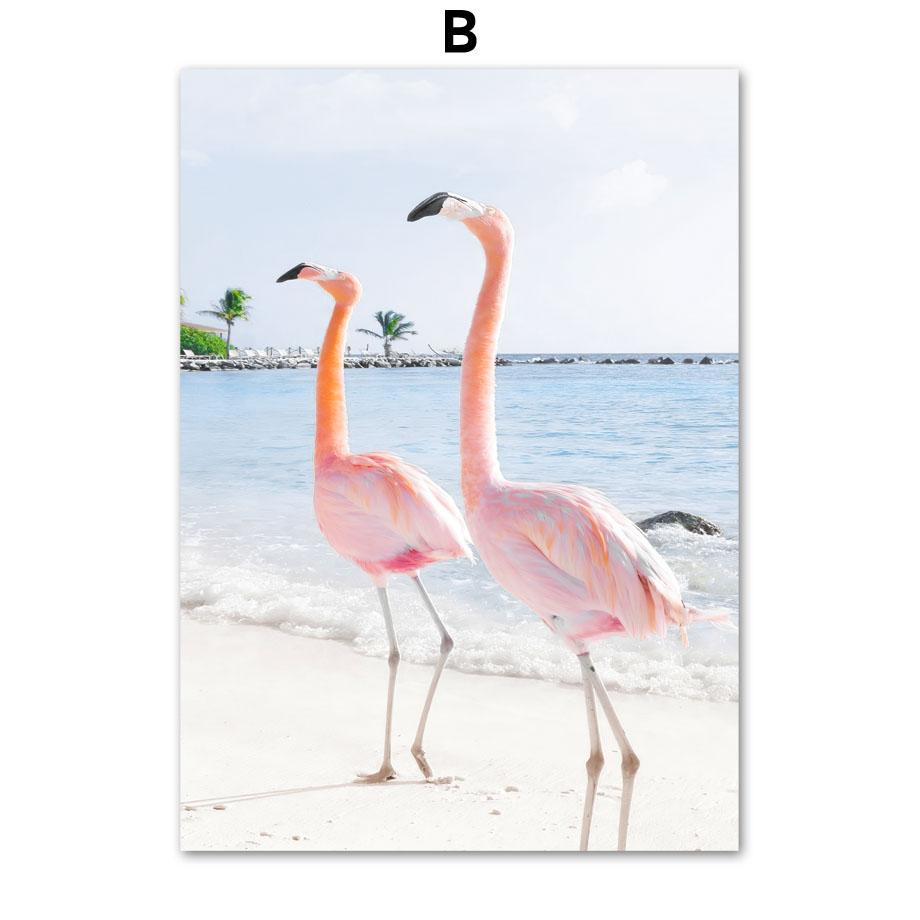 Фламінго Дошка для серфінгу Пляж Океанські хвилі Ракушка Настінне мистецтво Картини на полотні Тропічні плакати та принти Настінні картини для домашнього декору