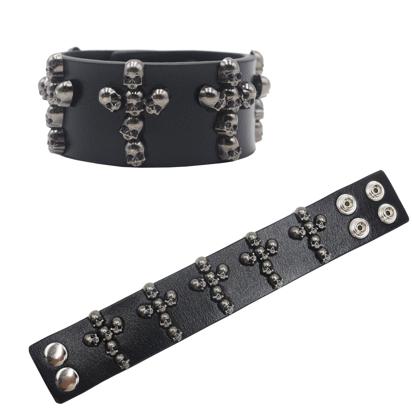 European American Punk Skull Leather Bracelet with Rivets